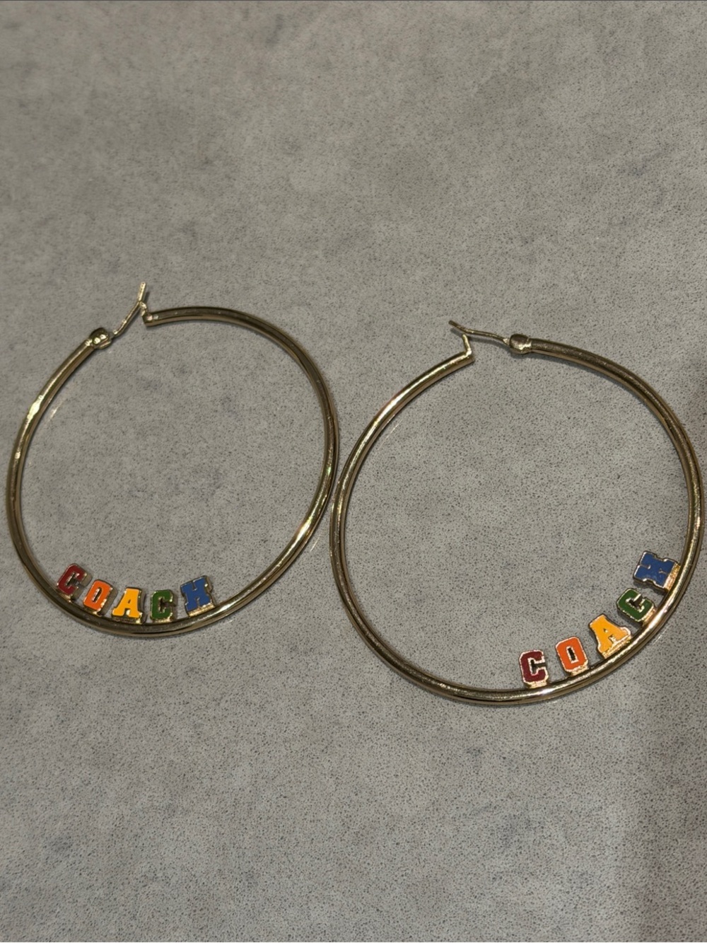 Coach Gold Hoop Earrings with Colorful Letter Accents